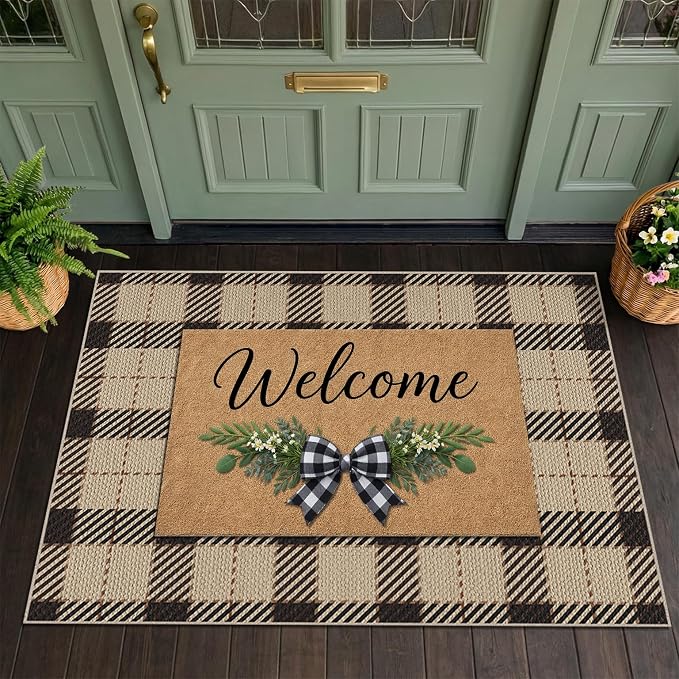 Easy Jute Outdoor Rug 27.5" x 43", Buffalo Plaid Front Porch Layering Rug, Washable Non Slip Front Door Mat for Entryway, Kitchen, Patio, Farmhouse Checkered Jute Style Decor