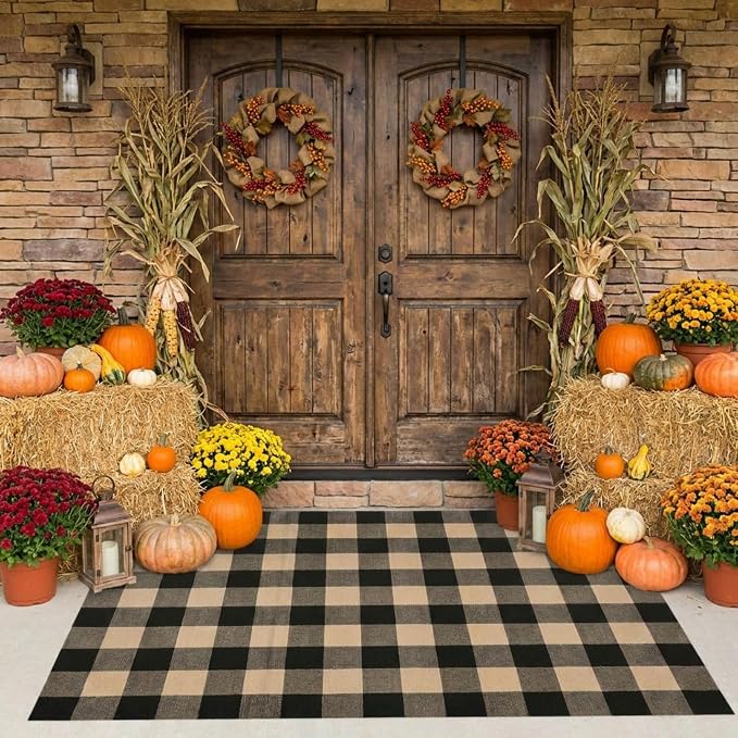 Buffalo Plaid Outdoor Rug 4x6 Ft Coffee and Black Checkered Area Rug Washable Indoor Outdoor Rugs for Entryway,Hallway, Kitchen, Living Room, Dining Room, Bedroom