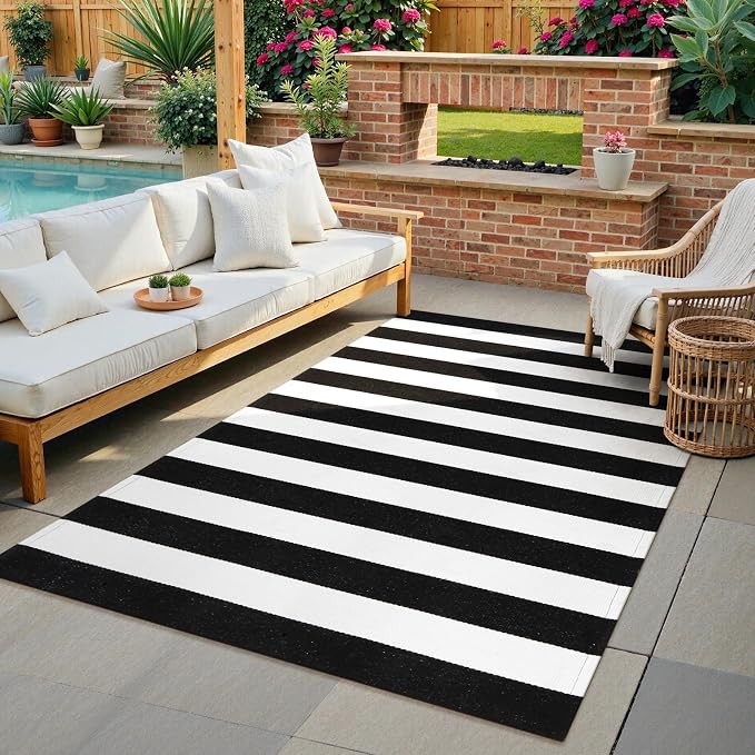 Collive Black and White Rug 4'x 6', Washable Striped Outdoor Indoor Rug,Farmhouse Cotton Woven Layered Door Mat,Fall Front Porch Decor Door Mat for Front Door Patio Porch Living Room Kitchen