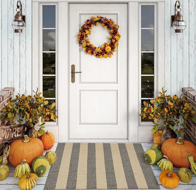 OJIA Front Door Mat Outside Entrance 24"x35" Outdoor Doormat Welcome Mat | Tan Front Door Rug Woven Striped Outdoor Rugs Entryway Rugs Indoor Small Area Rug for Kitchen Entry Bathroom Porch Decor