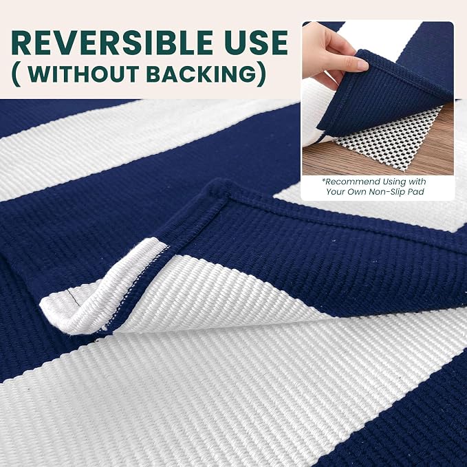 KOZYFLY Striped Rug 3x5 Front Door Rugs Blue White Cotton Woven Washable Indoor Outdoor Rug Entrance Doormat for Front Porch Kitchen Patio Decor Outdoor Mat