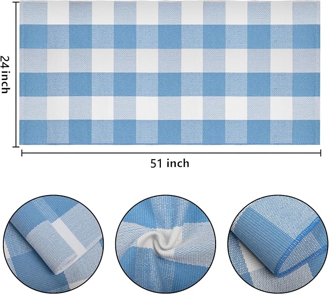 Front Porch Rug 24''x51''Light Blue and White Outdoor Rug Cotton Woven Washable Door Mat Outdoor for Layered Hello Welcome Door Mat Kitchen Farmhouse Entryway