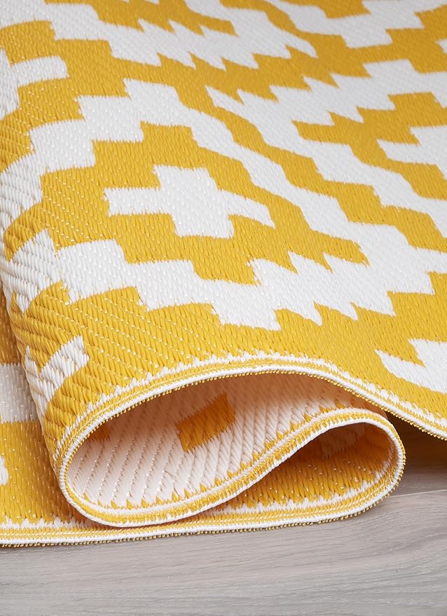 FH Home Outdoor Camping Rug - Waterproof, Fade Resistant, Reversible - Premium Recycled Plastic - Geometric - Large Patio, Deck, Sunroom, RV - Aztec - Yellow & White - 9 x 12 ft Foldable