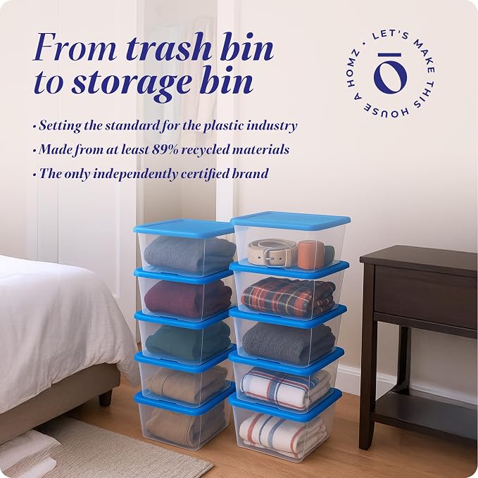 HOMZ Snaplock Clear Plastic Bin 6 Qt./1.5 Gallon | Storage Tote with Secure Lid | for Home, Office, Garage, Dorm Room Organizer | Stackable & Nestable | Blue Lid, Pack of 10