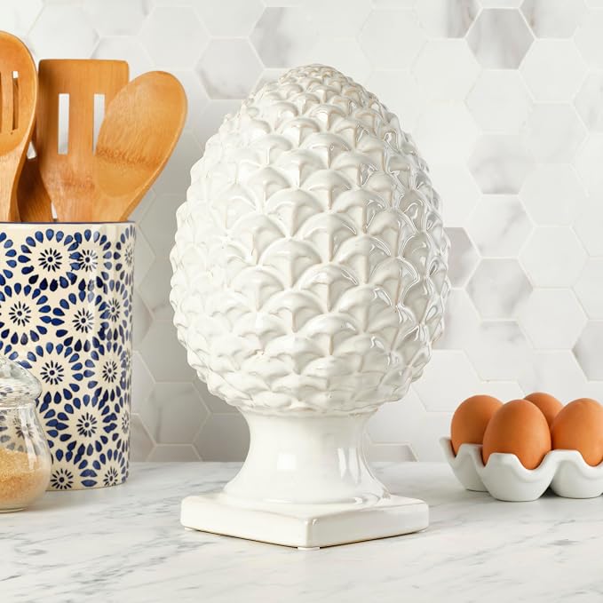 Elements 6.54x6.54x10.94 Inch White Ceramic Pinecone Figurine Durable Design for Everyday Use in Home Kitchen Dining and Entertaining Settings