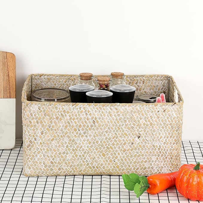 Hipiwe Wicker Shelf Baskets Seagrass Storage Opened Baskets Bin with Handle | Rectangular Closet Bedroom Basket Organizer Box, Multipurpose Woven Basket Home Organizer, Whitewash 14.6"x 10.6" x 7"