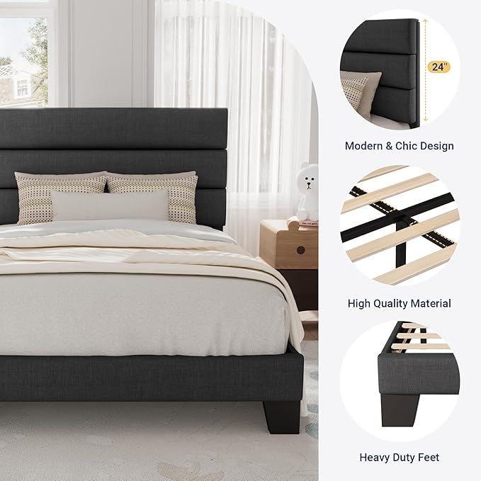 Allewie Twin Size Platform Bed Frame with Fabric Upholstered Headboard Gray | Wooden Slats Support, Fully Upholstered Mattress Foundation, No Box Spring Needed, Easy Assembly, Noise-Free, Dark Grey