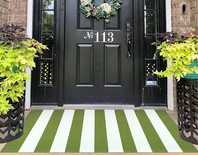 Front Porch Rug 24"x51",Green and White Striped Outdoor Rug Layered Doormat Cotton Woven Washable Indoor Outdoor Farmhouse Small Area Rug for Porch/Entryway/Home Entrance Decor