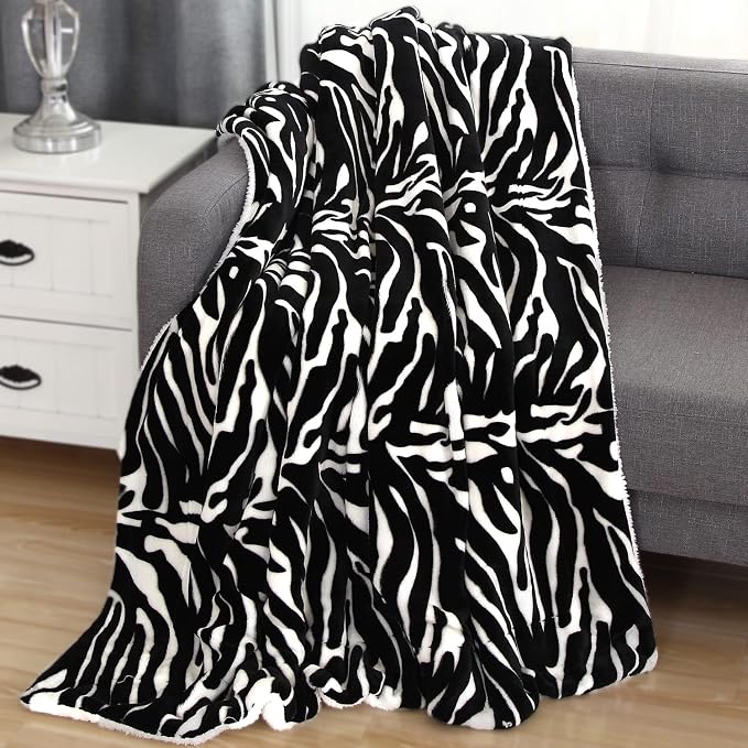 Elegant Comfort Throw Blanket, Reversible Sherpa Flannel, Ultra-Soft, Fuzzy, Cozy and Plush- All Season Lightweight Decorative Throw, 50 x 60 inches, Animal Print Design Sherpa Throw, Zebra