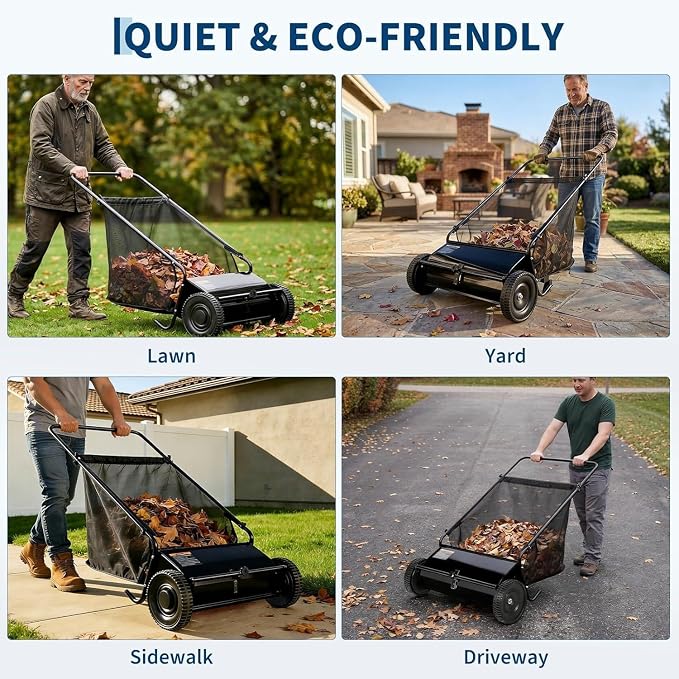 Steel 26 Inch Push Lawn Sweeper with 7 Cu ft Hopper Bag | Walk Behind Heavy Duty Leaf Collector and Yard Sweeper, Adjustable Brush Height for Patio Driveway & Garden Grass