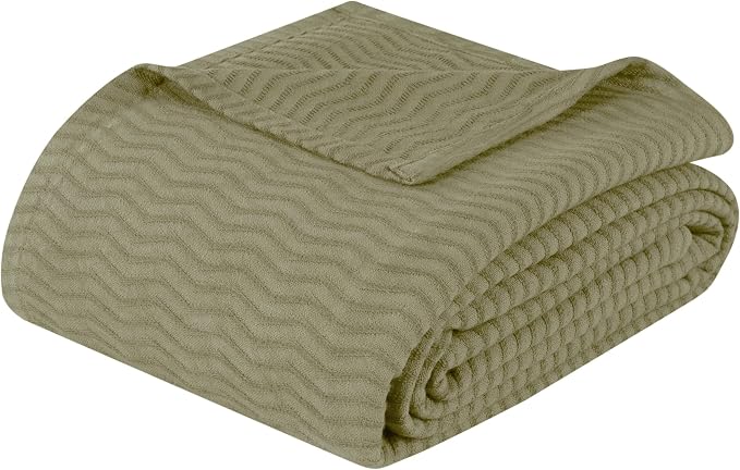 Superior JENA Cotton Blanket, for Picnic, Beach, Traveling or Camping, Bedroom Decor, Essentials, Cover for Bed, Couch, Lounging, Textured Jacquard, Modern Chevron Woven Blanket, Twin, Sage