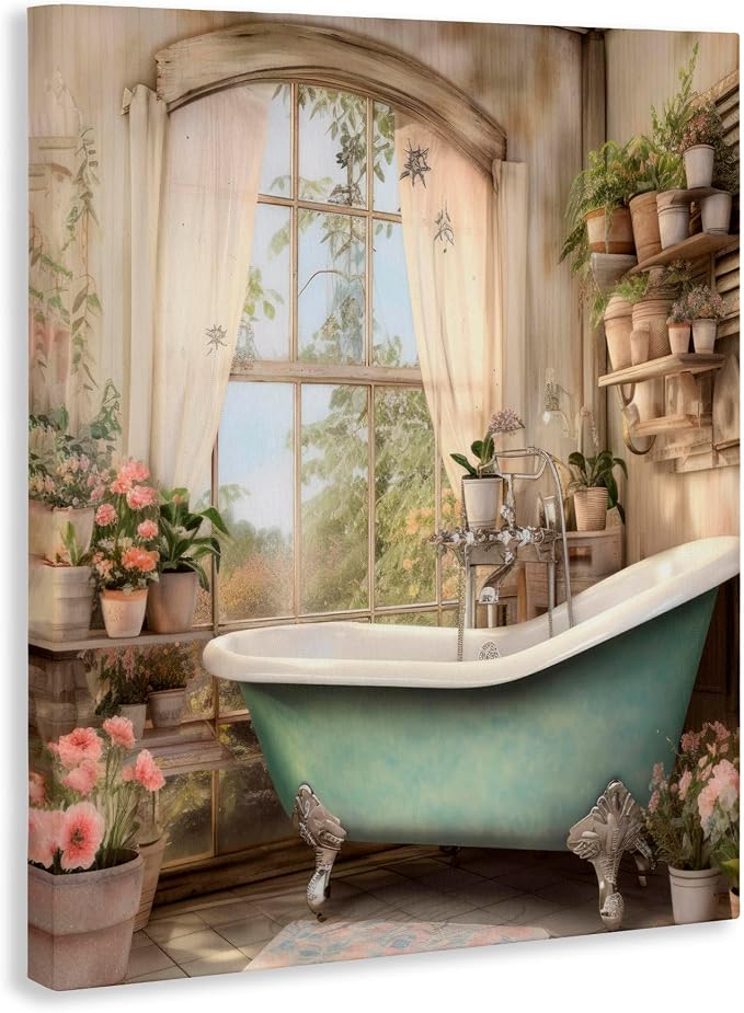 Bathroom Floral Filled Shelves, 36 x 48 Inch Canvas Wall Art | Stupell Industries · By Lettered and Lined · Ready to hang · Serene cottage charm for bathroom spaces · Made in USA