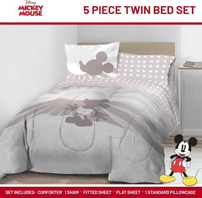 Disney Mickey Mouse Twin Comforter Set 5 Piece Cartoon Bedding, Grey | Bed in a Bag, Comforter Sheets Sham Pillowcase, Official Product, Soft Microfiber, Machine Washable, Easy Care, Kids Gift