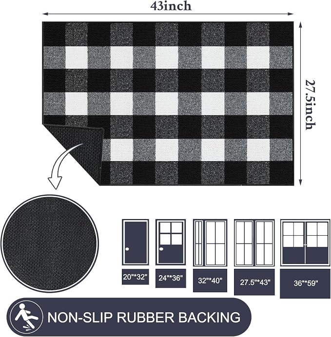 REFETONE Buffalo Plaid Indoor Outdoor Rug 27.5"x43", Black and White Checkered Front Door Mat with Non-Slip Rubber Back, Washable Low-Profile Entryway Rug for Porch, Kitchen, Layered Doormat Decor