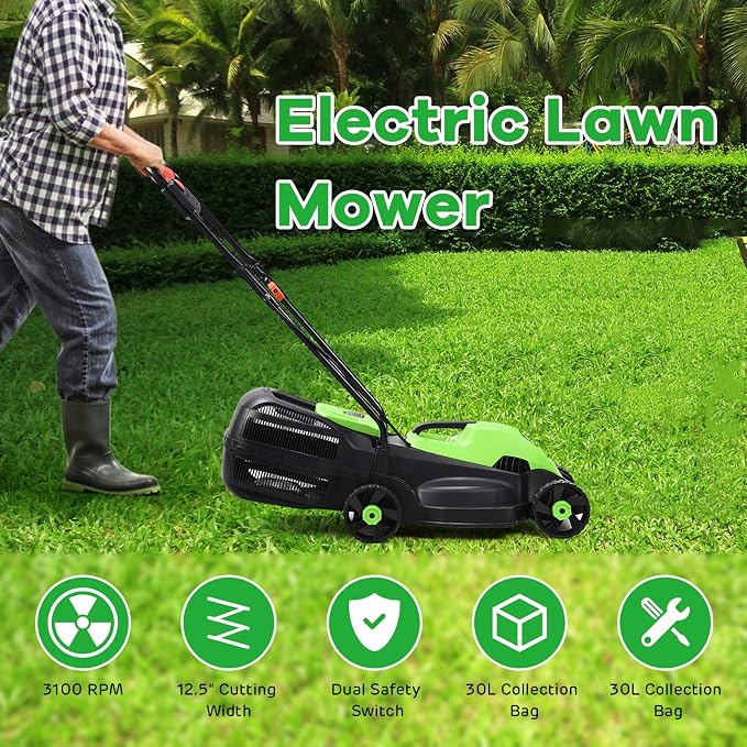 Happygrill Lawn Mower 13-Inch Electric Lawn Mower, Handle Push Corded Lawn Mowers with Grass Bag, Folding Handle, Adjustable Cutting Height for Garden Yard, 12 Amp,Green