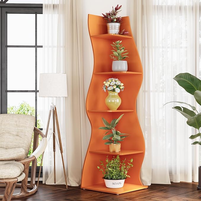 LITTLE TREE Small Corner Shelf, Modern 5-Tier Wall Wavy Corner Bookshelf | Stylish Bookcase Storage Rack for Small Space, Living Room, Bedroom, Orange