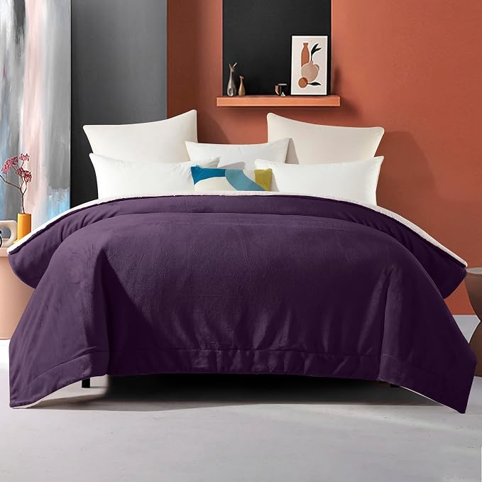 Elegant Comfort Ultra Soft Reversible Flannel Sherpa Blanket - Cozy Silky Fleece Throw for Couch, Bed - Plush Fuzzy Warm Winter Blanket for Gift, Twin, Purple