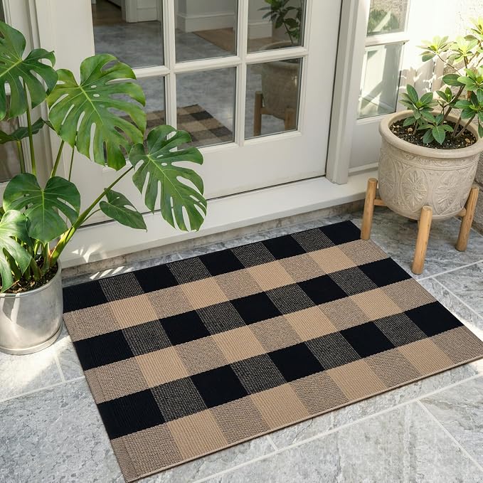 OJIA Buffalo Plaid Rug 24"x36" Fall Front Door Mat Outdoor Rug Welcome Mats | Black Tan Washable Outdoor Porch Rug Welcome Mat Indoor Outdoor Doormat Outside Door Mats for Entrance Entry Farmhouse Decor