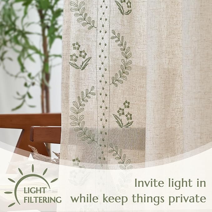 jinchan Belrose Linen Curtains for Bedroom Floral Curtains 72 Inch Length Linen Blend Sage Green Embroidered Drapes Farmhouse Flower Patterned Drapes for Living Room Window Treatments Set 2 Panels