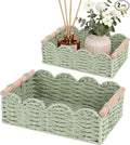 iEGrow Paper Rope Small Storage Baskets for Organizing, Set of 2 Scalloped Edge Wicker Basket with Wooden Handles Toilet Paper Basket for Over Toilet Storage Shelf, Home Decor, Living Room (Green)