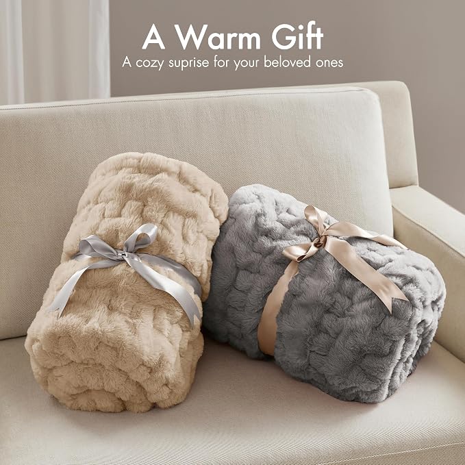 Madison Park Ruched Fur Throw Faux Fur Blanket for Sofa, 50" x 60", Tan | Luxury, Premium, Soft Cozy Brushed Long Pile, All Season Plush Modern OEKO- TEX Certification Warm For Bed, Couch or Sofa