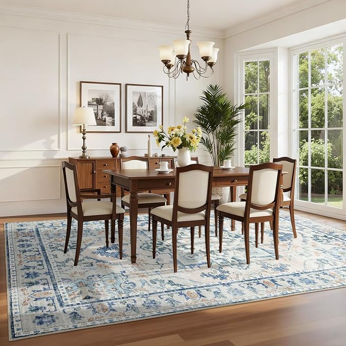 Joydeco 6x9 Area Rugs for Living Room Vintage, Blue&Grey | Non Slip Machine Washable Low Pile for Bedroom Dining Room Home Office Pet & Child Friendly