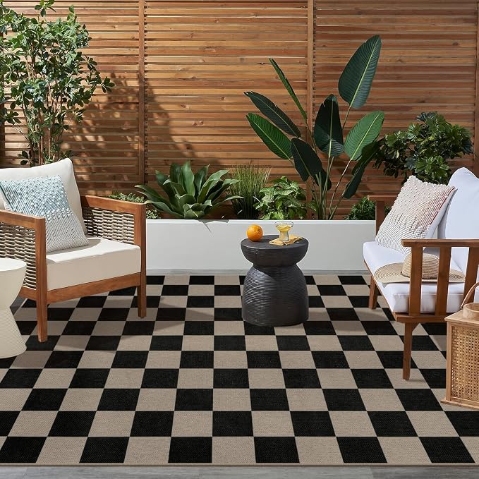 Rugalia Easy Jute Black Checkered 5x7 Area Rug, Washable Modern Rugs for Living Room Non-Slip Checkerboard Bedroom Rug, Farmhouse Indoor Outdoor Carpet for Patio Dining Room Classroom