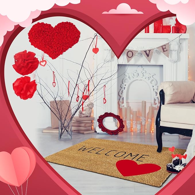Ceenna Valentine's Day Coir Doormat Romantic Outdoor Indoor Decoration Red Heart Non Slip Welcome Door Mat 15.7" x 27.5" Valentine's Day Rug Decorative Front Door Mat for Porch Gifts