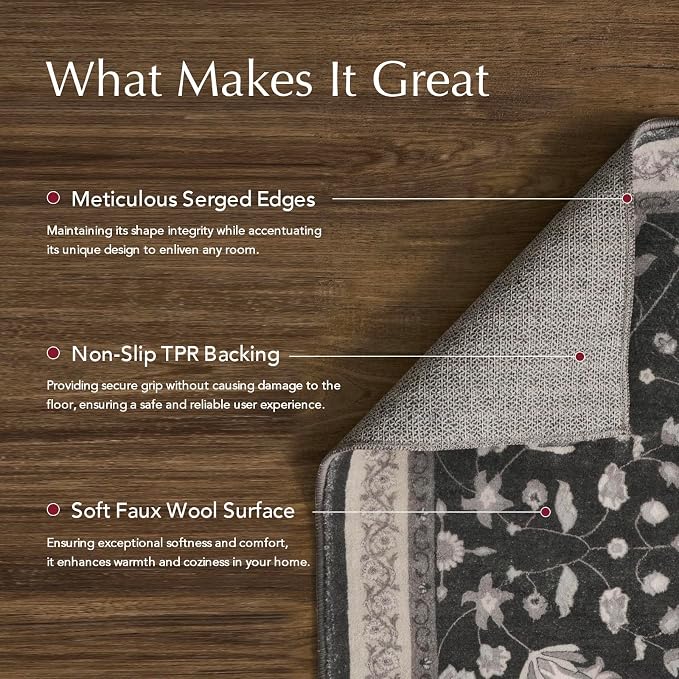 EVERGRACE Area Rugs for Living Room 3x5, Boho Floral Faux Wool Indoor Outdoor Rugs, Washable Rugs for Bedroom Entryway Dining Room Hallyway, Low Pile Floor Mat Carpet for Home Decor, Ebony Black
