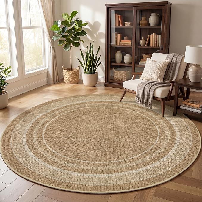 GarveeHome 6ft Washable Round Rug Large Bedroom Easy Jute Area Rugs | Modern Solid Non Slip Living Room Circle Rugs Stain Resistant Throw Carpet Round Rugs for Kitchen Nursery Entryway, Jute