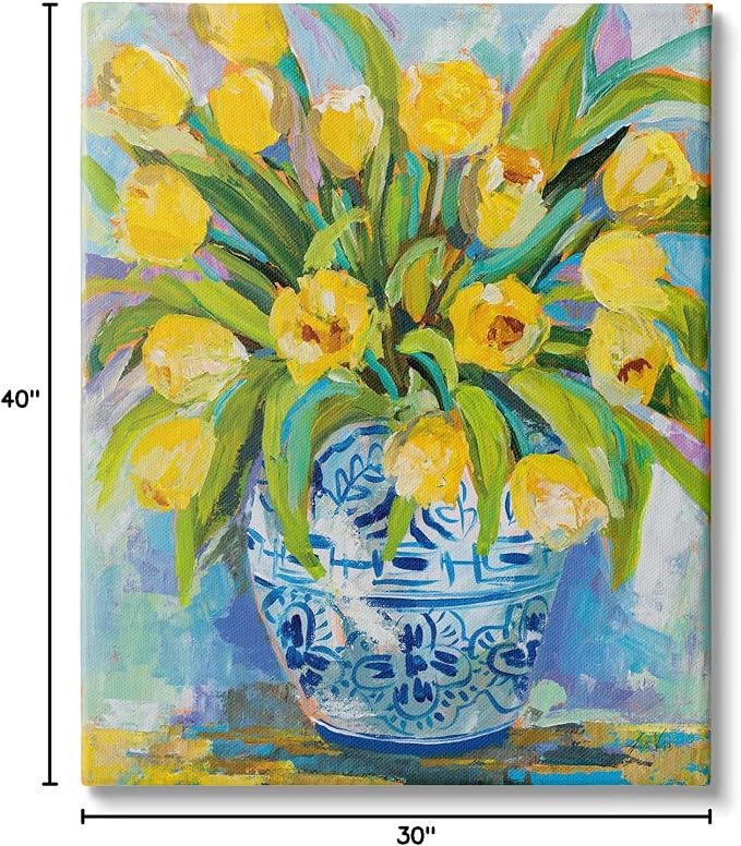 Expressive Yellow Tulips Vase, 30 x 40 Inch Canvas Wall Art | Stupell Industries · By Jeanette Vertentes · Ready to hang · Bright spring home accent · Made in USA