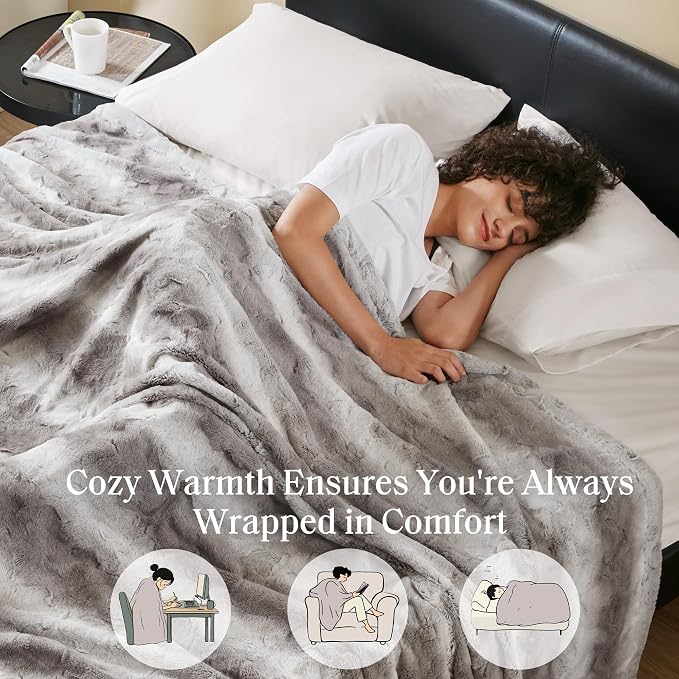Madison Park Zuri Ultra Soft Faux Fur Queen Blanket Reversible, Grey | Ultra Soft, Breathable Fabric for Bed or Couch, Lightweight, Plush, OEKO-TEX Certified