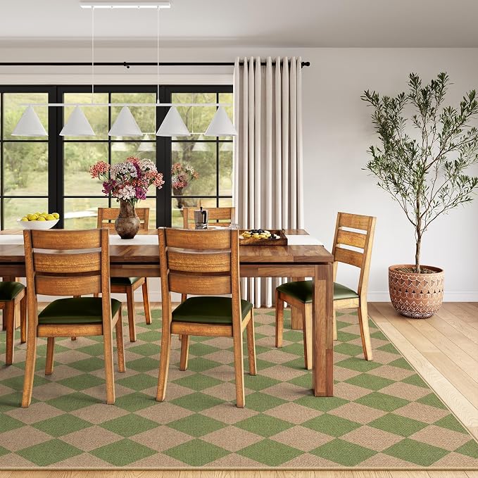 Lahome Checkered Easy Jute Living Room Rug, 8x10 Outdoor Rugs Washable | Farmhouse Natural Non Slip Green Area Rug, Non Shedding Carpet for Indoor Patio Porch Deck Sunroom Dining Room Classroom