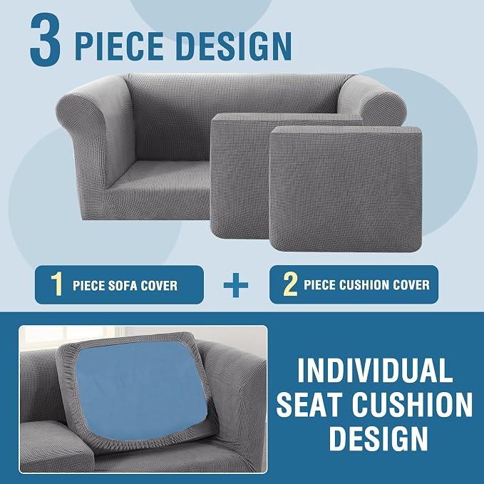 H.VERSAILTEX 3 Pieces Stretch Couch Cover Traditional Chesterfield Loveseat Covers for 2 Cushion Couch Non Slip Mid Century Deep Seat Couch Cover Washable, Thicker Jacquard Fabric(Medium Sofa, Dove)