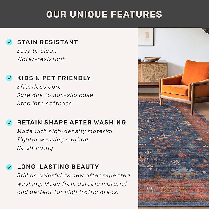 Hazo Haus Navy Blue Runner Rug 2x7 for Kitchen, Hallway, Mudroom, Laundry Room, Bathroom, Washable Non Slip Non Skid Rubber Backing Low Pile Stain Resistance