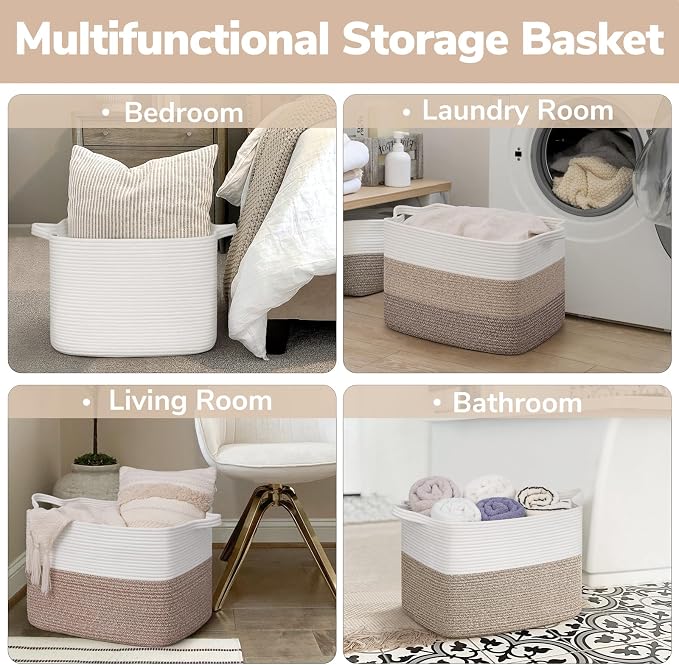 Goodpick 50L Large Cotton Rope Blanket Basket, 18" x 14" x 12", White | Blankets, Pillows & Toys Storage, Living Room & Bedroom Organization, Decorative Storage Basket, Neutral Home Decor
