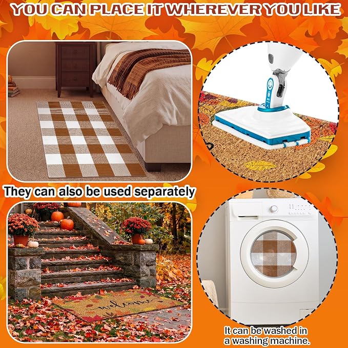 Moucuny 2 Pcs Fall Doormat Outdoor Maple Leaf Coir Welcome Mat 16'' x 28'', Layered Brown White Plaid Rug 24'' x 35'' for Fall Autumn Front Porch Entryway Entrance Decor