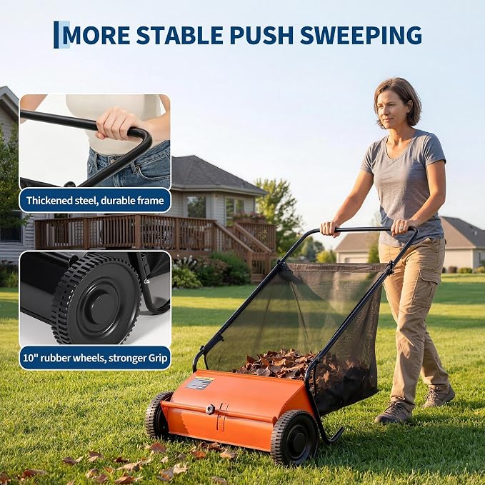 26 Inch Push Lawn Sweeper, 7 Cu ft Hopper Bag, Carbon Steel Frame | Heavy Duty Walk Behind Leaf Collector and Yard Sweeper, Adjustable Brush Height Push Lawn Sweeper for Garden Patio Driveway