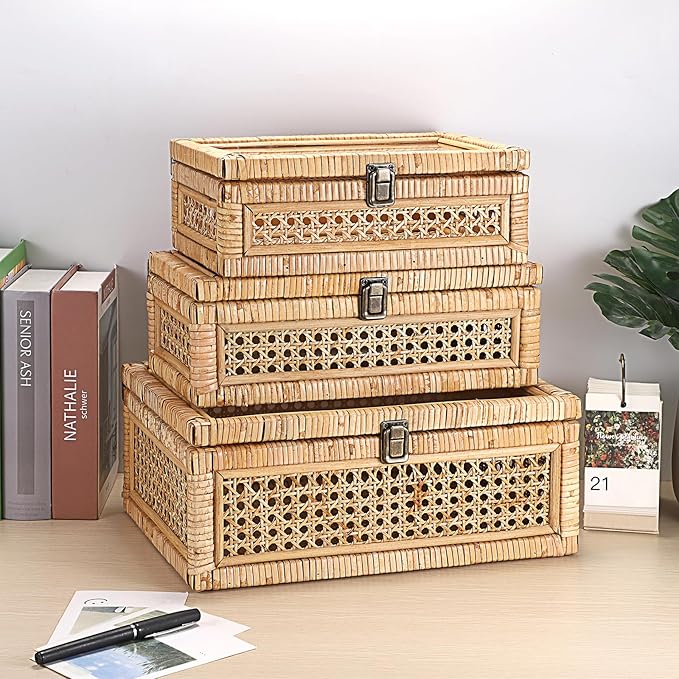 Hipiwe Vintage Decorative Box with Clear Lid Rattan and Wood Display Boxes | Handcrafted Shelf Basket Bin Large Wicker Storage Basket Rectangular Keepsakes Box for Bathroom Home Decor, 14x10x5.7 inch