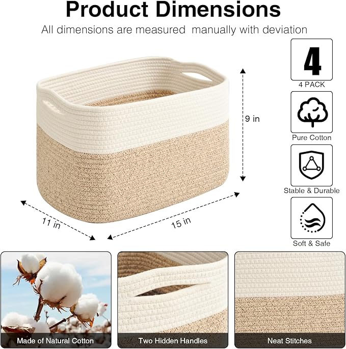 ICERZCZ Woven Cotton Rope Storage Baskets for Organizing & Shelves, Organization Bins for Dog Toys, Clothes, Books, Nursery Organizer, 15"x11"x9", Off White & Mixed Brown (4 Packs)