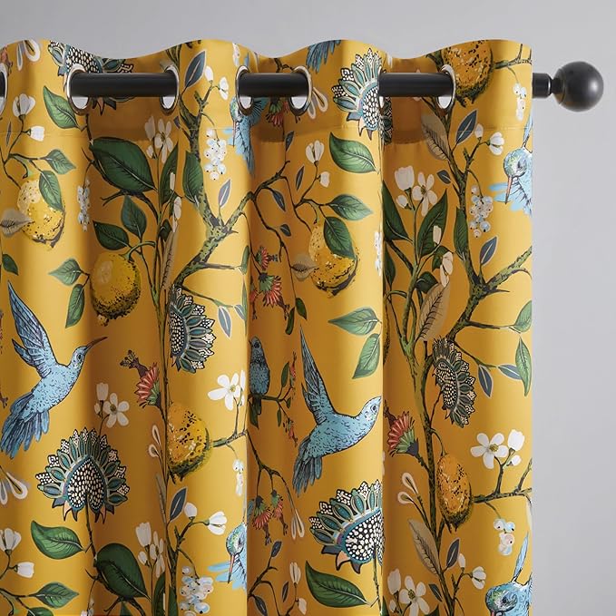 Extra Long 108 Inches Curtains for Large Window Luxury Mustard Yellow Floor To Ceiling Blackout Vintage Floral Hummingbird Fancy Grommet Drop Cloth Damask Drape for Living Room Dining 2 Pages 9FT
