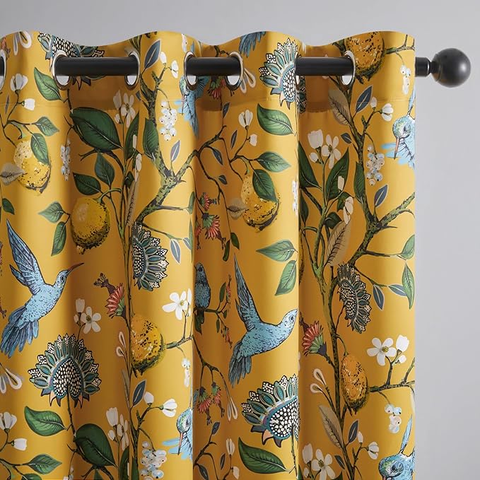Topfinel 80 Inches Long Custom Mustard Yellow Luxury Curtains for Living Room Bedroom, Blackout Vintage Victorian Curtains Floral Lemon Hummingbird Printed Grommet Drape 80 Inch Length