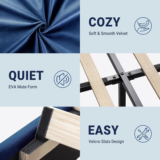 Allewie King Size Platform Bed Frame with Adjustable Headboard | Plush Velvet Upholstered, Vertical Channel Tufted, Sturdy Wood Slats, No Box Spring Needed, Easy Assembly, Blue