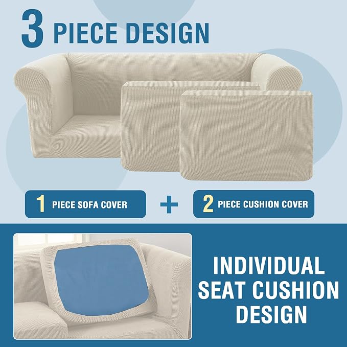 H.VERSAILTEX 3 Pieces Stretch Chesterfield Sofa Covers for 2 Cushion Couch Mid Century Deep Seat Slip Covers for Sofas/Couches with Elastic Bottom Thicker Jacquard Fabric(Medium-XL Sofa, Island Fossi)