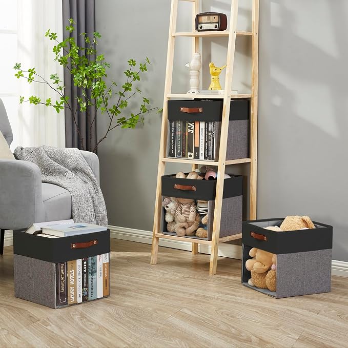 Bagnizer Storage Cubes, 4 Pack Linen Foldable Storage Bins with Clear Window and 2 Handles, 13x15x13 Storage Cube Bins for Shelf Closet, Kallax, Clothes, Books - (Gray / Black)