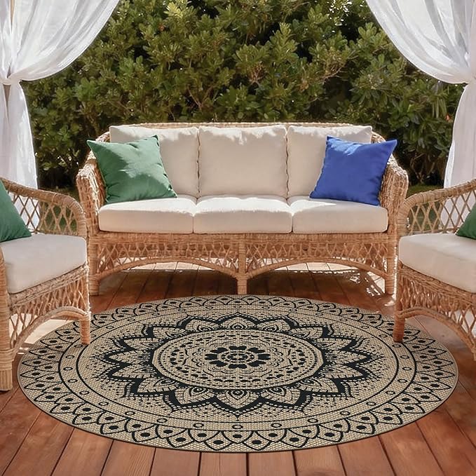 Faux Jute Outdoor Round Rug, 5ft Washable Indoor Outdoor Patio Rug, Black Non Slip Round Area Rug Farmhouse, Boho Carpet for Backyard Patio