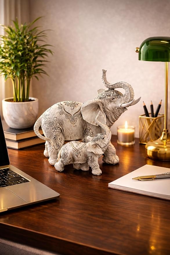 Large 8.25" W Decorative White Elephant and Baby with Tattoo Statue Feng Shui Decoration Religious Figurine Office Desk/Home/Living Room/Table Decor, Perfect House Warming Gifts for New Home