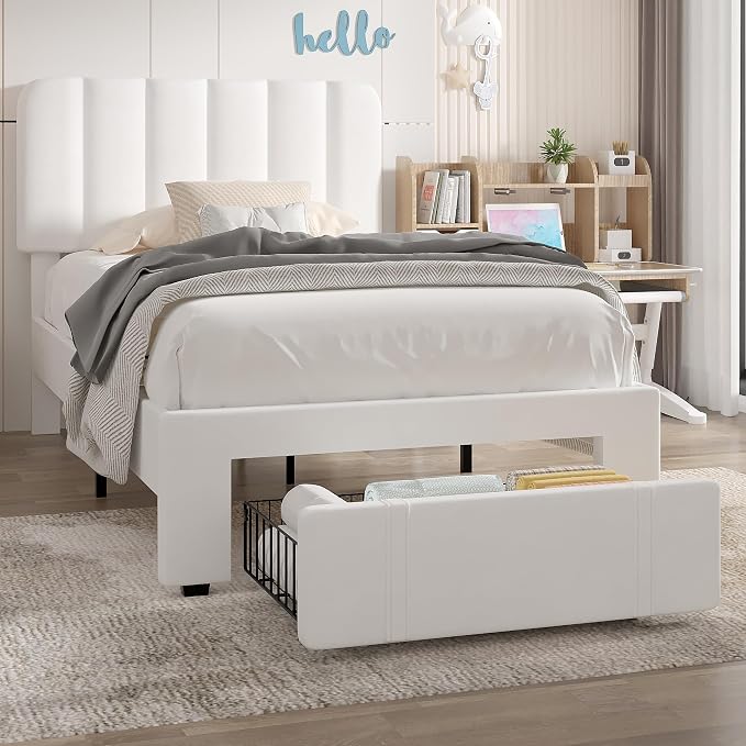 VECELO Twin Size Upholstered Bed Frame with Drawer and Headboard, Velvet Platform Storage Bedframe, Wooden Slats Support, No Box Spring Needed, White