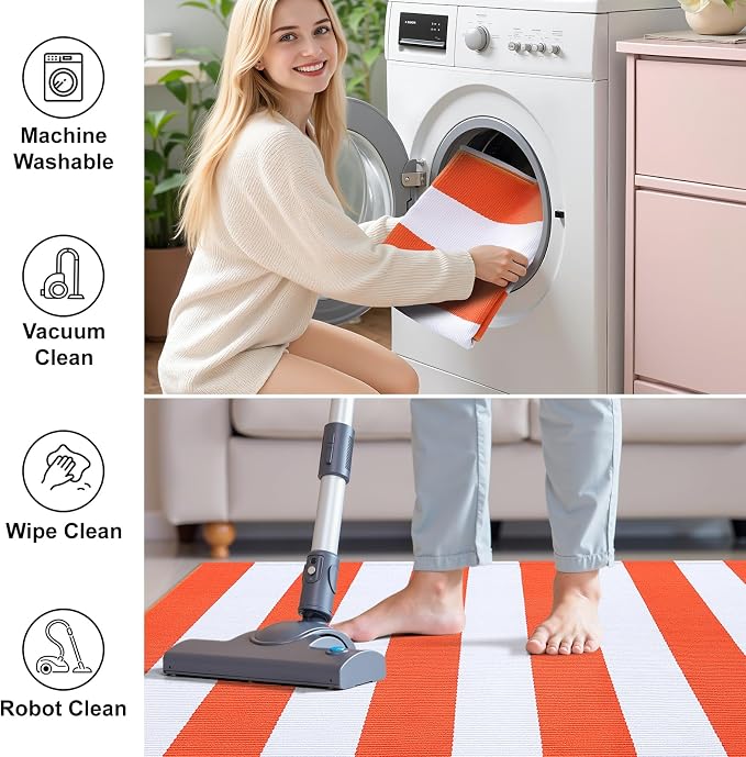 OLANLY Orange and White Striped Rug 2'4" x 3'7" (27.5" x 43") | Washable Cotton Indoor Outdoor Doormat for Front Door, Entryway, Kitchen, Porch, Patio Decor