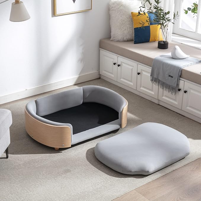 Elevated Dog Bed Pet Sofa with Solid Wood Legs and Bent Soft Backrest, Pet Cat Stool Bed with Velvet Cushion,for Large and Medium Size Dogs Kitten, Large Size